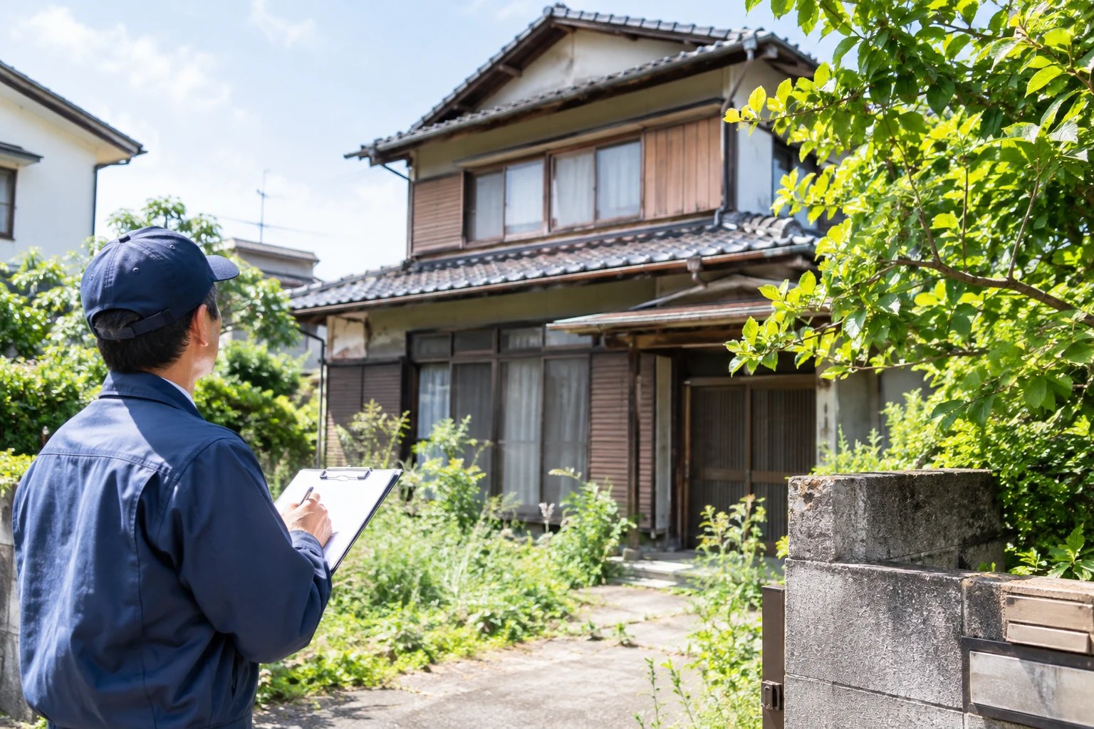 空き家の外まわりを確認するスタッフ