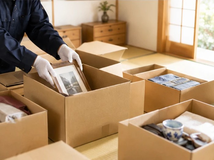 遺品整理で品物を丁寧に扱うスタッフ