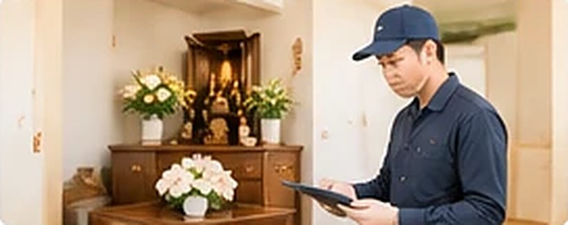 仏壇のあるお部屋で確認をする遺品整理責任者